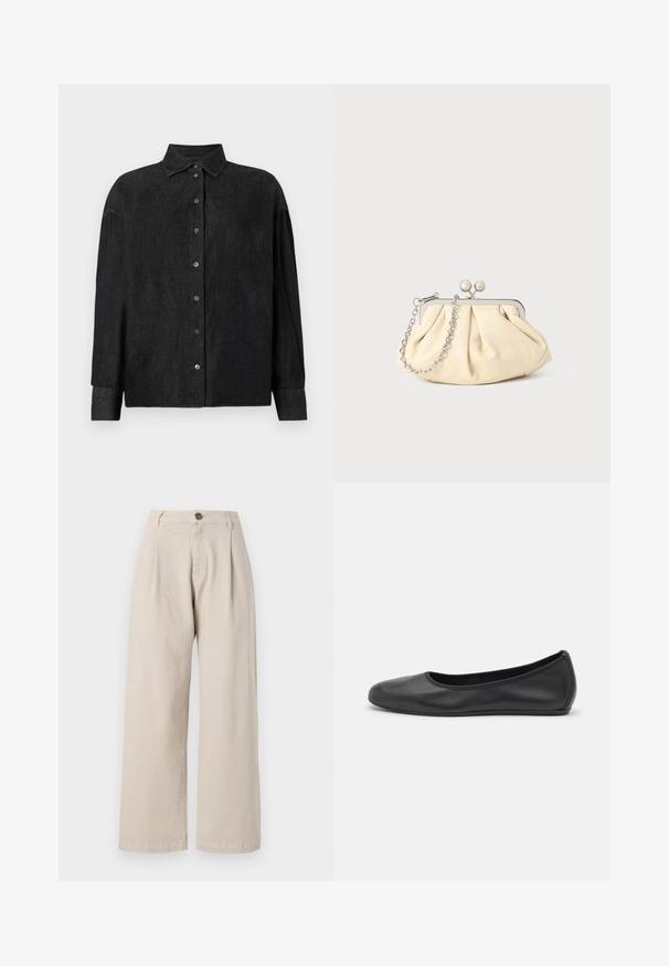 CLOSED CAPE SHIRT - Skjortebluser - mid grey; Beige vidde bukser med høj talje, frontfolder, enkelt knaplukning og en glat stofftekstur.; Sort læderballetsko med rund tå, glat tekstur, minimal syning og et fleksibelt såldesign.; Plisseret beige læderclutch med en sølvmetalramme, der har to runde dekorative låse og en sølvkædetrasporte.