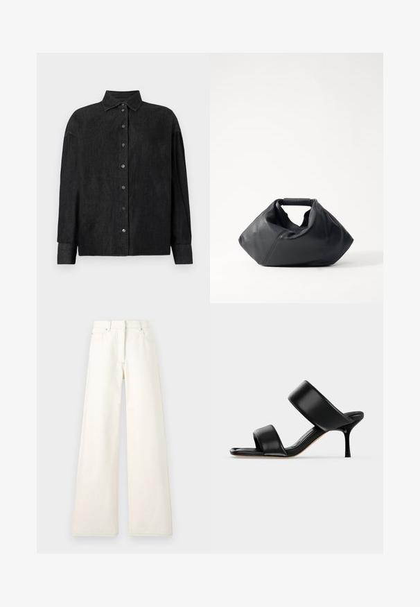 CLOSED CAPE SHIRT - Overhemdblouse - mid grey; Wijdbenige, crèmekleurige broek van denim met zichtbare stiksels en zakken. Het ontwerp heeft een hoge taille en een recht gesneden silhouet.; Zwarte leren mule sandaal met twee brede banden en een slanke, middelhoog stilettohak op een effen lichte achtergrond.; Zwarte leren tas met een gestructureerde buitenkant, unieke geplooide vorm en een kort handvat. Voorzien van een enkel hoofdvak.
