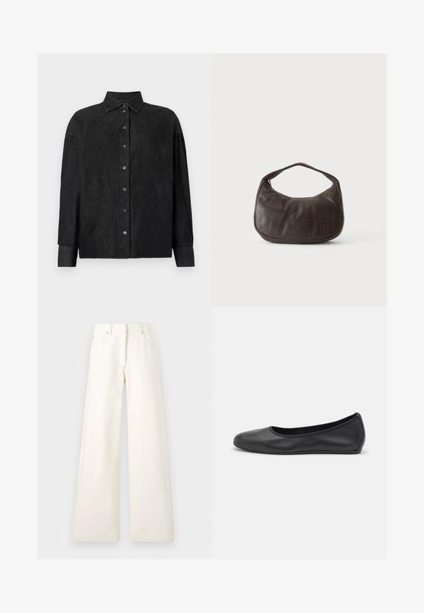 CLOSED CAPE SHIRT - Blúzka so zapínaním na gombíky - mid grey; Široké nohavice v krémovej farbe vyrobené z denimu s viditeľným šitím a vreckami. Dizajn obsahuje vysoký pás a rovný strih.; Čierne kožené baleríny s okrúhlou špičkou, hladkým povrchom, minimálnym prešívaním a flexibilným dizajnom podrážky.; Malá tmavohnedá textúrovaná kabelka s krátkym remienkom a zaobleným spodkom na jednoduchom svetlom pozadí.