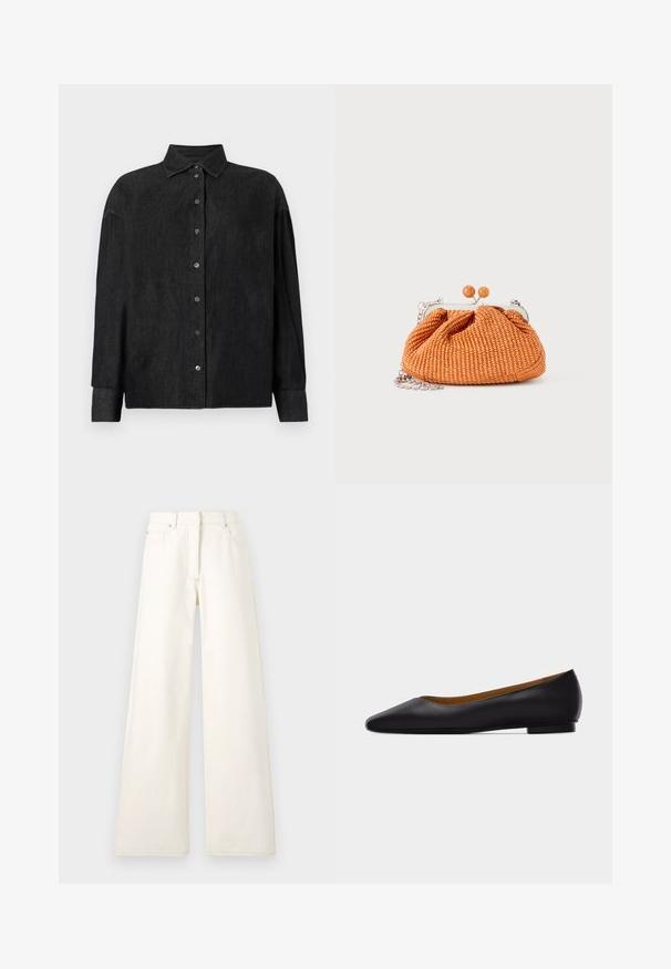 CLOSED CAPE SHIRT - Skjortebluser - mid grey; Bredde ben, cremefarvede bukser lavet af denim med synlige sting og lommer. Designet har en høj talje og en lige skåret silhuet.; Sort læder flad sko med spids tå, lav hæl og glat finish, vist fra siden på en lysegrå baggrund.; Lille orange flettet clutch-pung med sølvmetalramme, rund lukning og en sølvkæde-rem på en hvid baggrund.