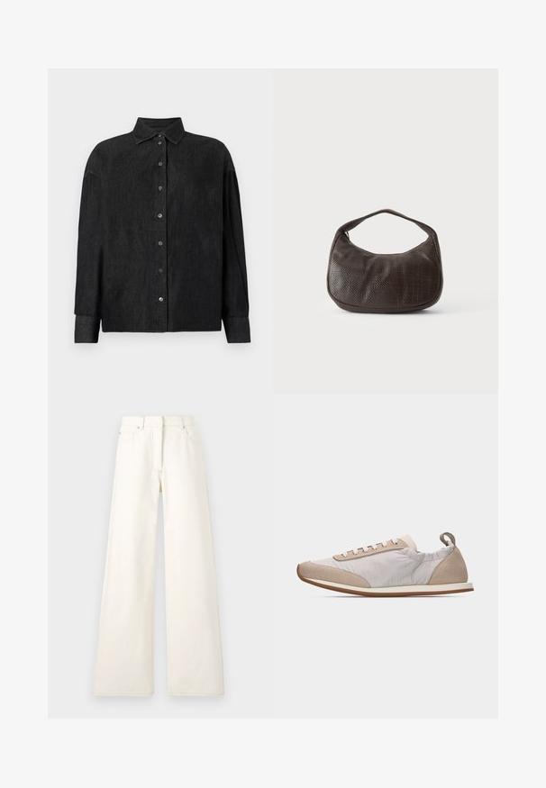 CLOSED CAPE SHIRT - Skjortebluser - mid grey; Bredde ben, cremefarvede bukser lavet af denim med synlige sting og lommer. Designet har en høj talje og en lige skåret silhuet.; Lysebeige sneaker med hvide snørebånd, ruskind på tå og hæl, bløde stofsider og en tynd lysebrun gummisål, set fra siden.; Lille mørkebrun tekstureret håndtaske med kort rem og afrundet bund på en ensfarvet lys baggrund.