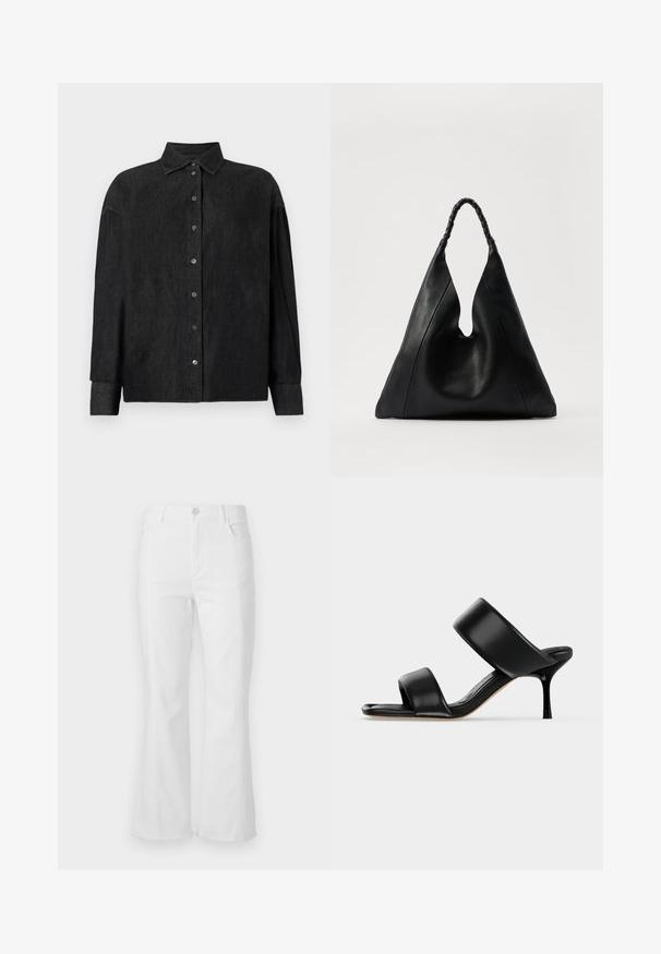 CLOSED CAPE SHIRT - Chemisier - mid grey; Jean flare blanc à taille haute, avec poches avant et ourlet brut. Fabriqué en denim avec une texture lisse et des détails de couture minimaux.; Sandale mule en cuir noir avec deux larges brides et un talon stiletto fin de hauteur moyenne sur un fond clair uni.; Sac en cuir noir avec une ouverture en V unique, doté d'une poignée tressée et d'une surface texturée. Design minimaliste avec des courbes douces.