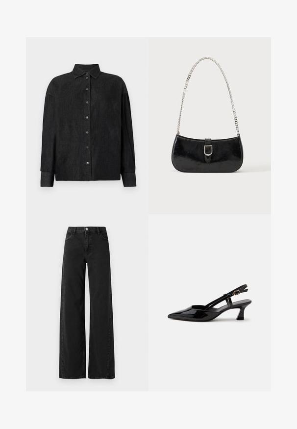 CLOSED CAPE SHIRT - Overhemdblouse - mid grey; Zwarte denim jeans met wijde pijpen en een hoge taille, met klassieke vijf-pocket styling en een knoopsluiting. Gladde textuur en subtiele stikdetails.; Zwarte lakleren slingback kitten heel schoen met spitse neus en verstelbare gouden gespsluiting op een witte achtergrond.; Zwarte lakleren schoudertas met een zilveren gespdetail en een zilveren kettingriem, getoond tegen een effen lichte achtergrond.