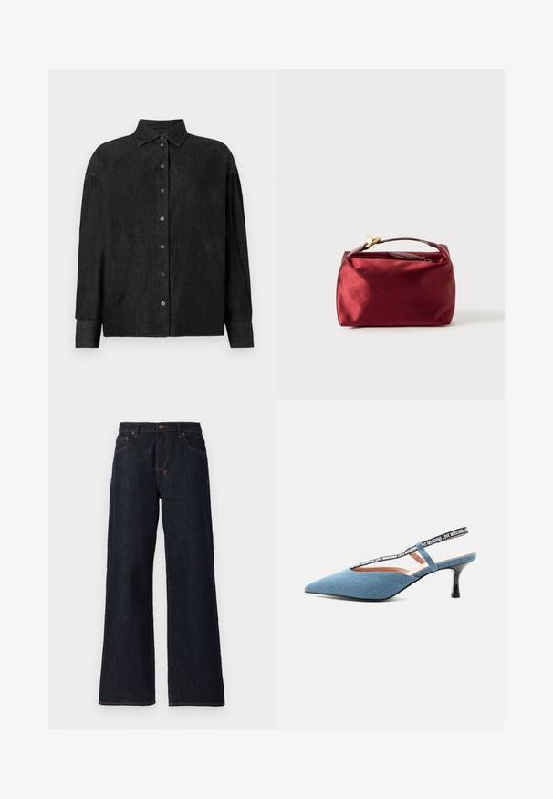CLOSED CAPE SHIRT - Skjortebluser - mid grey; Mørkeblå vidde jeans lavet af denim, med orange syninger, to frontlommer og en knaplukning i taljen.; Blå spids slingback kitten heel med sort rem med hvid "Love Moschino" tekst på lys baggrund.; Burgunderfarvet satin kosmetikpung med rektangulær form, lynlåslukning og et kort håndtag. Har et minimalistisk design og en glat tekstur.