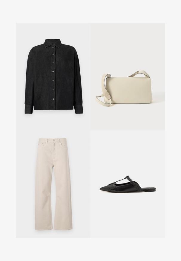 CLOSED CAPE SHIRT - Nööpidega pluus - mid grey; Beežid laiad teksad, mis on valmistatud puuvillast, kõrge vöökoht, kahe esikotiga ja metallist olmenööriga. J; Must kuulsad nahast kandadega kingad, millel on terav nina, koos kootud detaili ja volditud ülaosaga. Lame tald minimaalse riistvaraga.; Kreemivärvi nahast õlakott reguleeritava rihmaga ja klapatäitega, asetatuna neutraalse valge tausta peale.