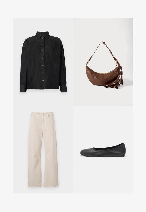 CLOSED CAPE SHIRT - Hemdbluse - mid grey; Beige Jeans mit weitem Bein aus Baumwolle, mit hoher Taille, zwei Fronttaschen und einem Knopfverschluss mit Metallbeschlägen.; Schwarze Leder-Ballettschuhe mit abgerundeter Spitze, glatter Textur, minimalen Nähdetails und einem flexiblen Sohlen-Design.; Braune Lederschultertasche in Halbmondform mit goldenem Reißverschluss und mehreren Ledertasseln, die am Riemen vor weißem Hintergrund hängen.