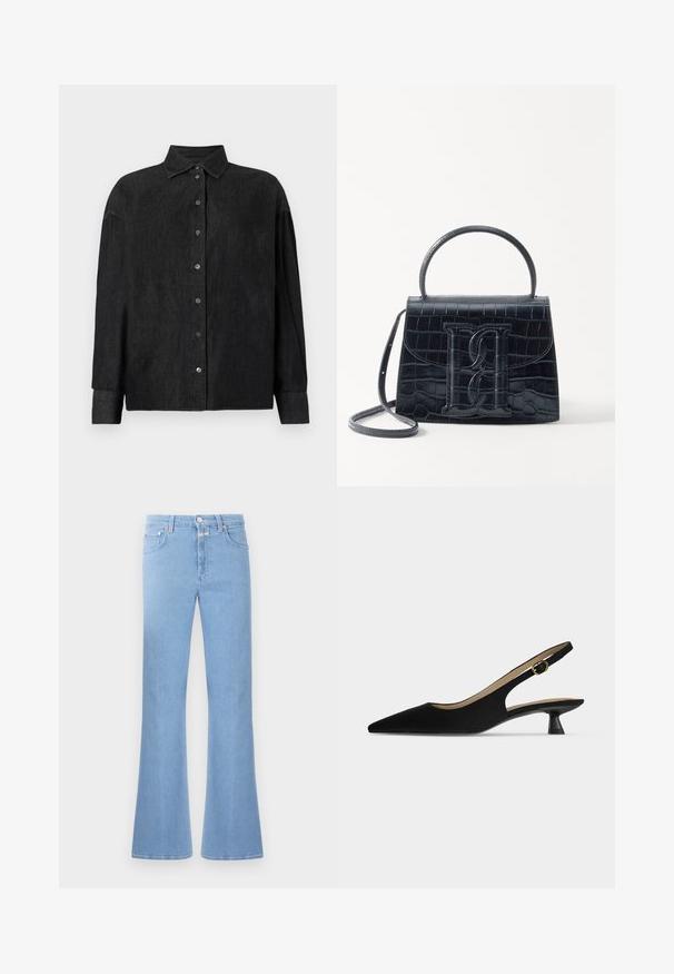 CLOSED CAPE SHIRT - Overhemdblouse - mid grey; Lichtblauwe uitlopende spijkerbroek van denim, met een hoge taille, vijf-pocket ontwerp en contrasterende stiksels. Glad textuur met een schone afwerking.; Zwarte slingback-schoen met spitse neus, lage kittenhak en gouden gespband, in profiel getoond op een effen lichte achtergrond.; Zwarte handtas van krokodillleer met een gestructureerd ontwerp, bovenhandvat, verstelbare schouderband en een opvallend voorlogo.