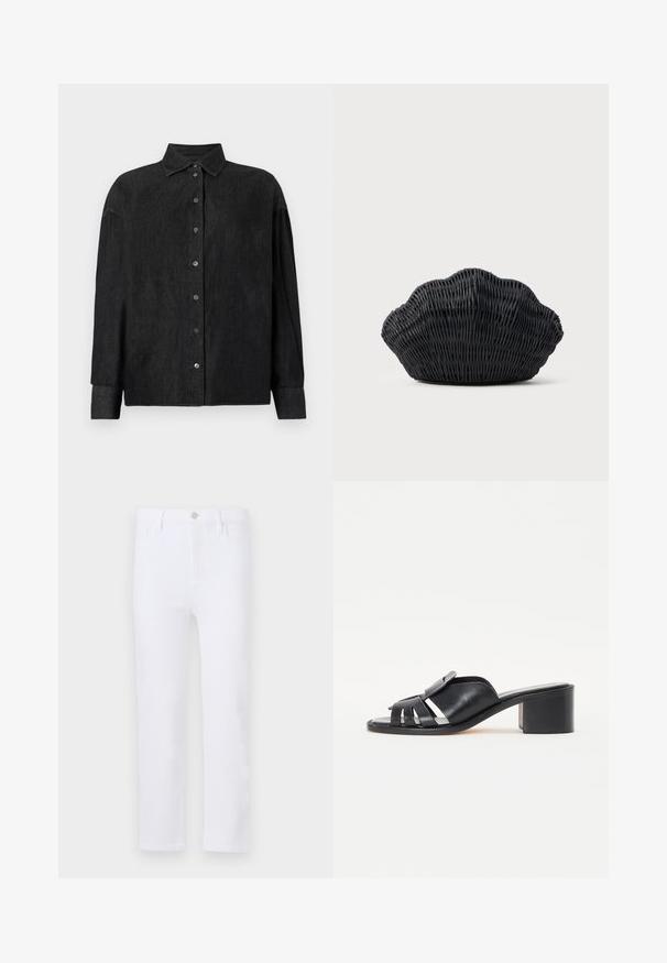 CLOSED CAPE SHIRT - Hemdbluse - mid grey; Weiße Jeans mit geradem Schnitt, ausgestattet mit Gürtelschlaufen, vorderen Taschen und einem Reißverschluss. Glatte Textur und einheitliche Farbe über das gesamte Material.; Schwarze Ledersandalen mit rutschfestem Fußbett, die über einen geschwungenen Riemen mit Ausschnitten, silbernen Hardware-Accents und einem klobigen Absatz verfügen. Glatte Oberfläche insgesamt.; Schwarze Korbtasche in Muschelform mit gebogenem Oberteil und gewebter Textur auf einfarbigem Hintergrund.