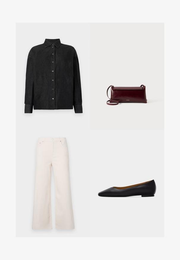 CLOSED CAPE SHIRT - Overhemdblouse - mid grey; Brede, lichtbeige denim broek met een hoge taille, vijf zakken en een sluiting met een knoop aan de voorkant. Soepele textuur, minimale stikdetails.; Zwarte leren puntschoen met lage hak en gladde afwerking, zijaanzicht op een lichtgrijze achtergrond.; Bordeaux lederen schoudertas met een gladde textuur, rechthoekige vorm, klep sluiting en een dunne verstelbare schouderband. Gouden logo detail zichtbaar.