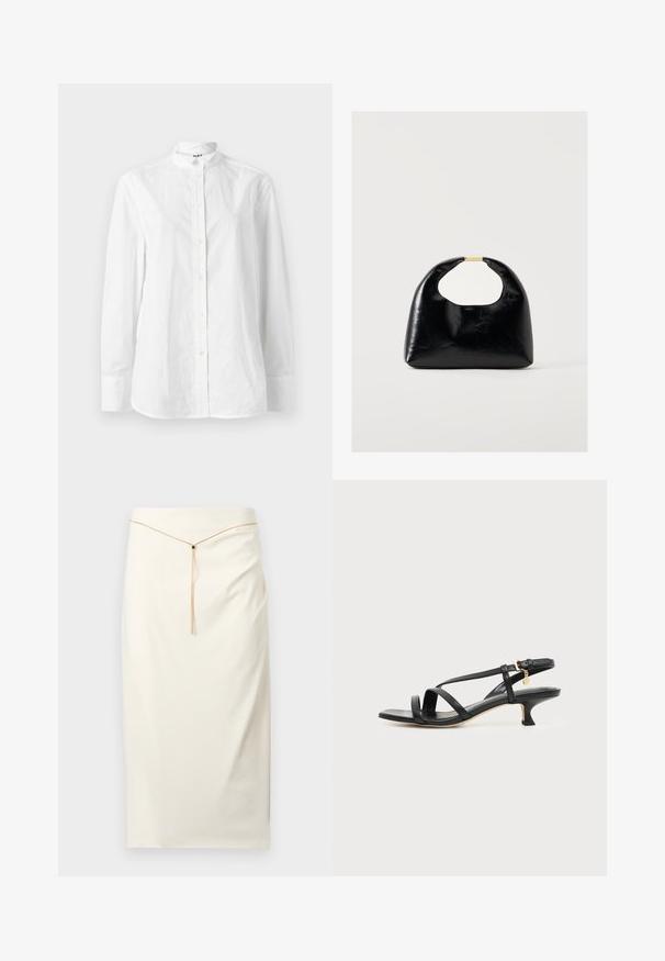 Chemise blanche à manches longues avec col montant, présentant une texture lisse et une patte subtile avec des boutons circulaires.; Jupe crayon jusqu'aux genoux de couleur blanc cassé avec une fine ceinture en chaîne dorée ornée d'un petit accent noir au centre devant.; Sandale noire en cuir à brides fines, talon bas kitten, boucle à la cheville et petit pendentif doré sur fond clair uni.; Sac à main en cuir noir avec poignée arrondie et fermoir doré, sur un fond clair uni.