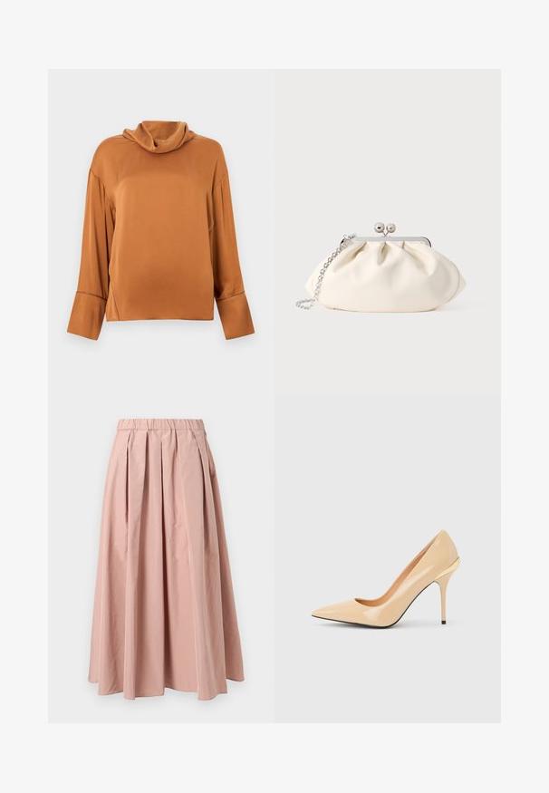 Blouse à manches longues couleur rouille avec un col roulé ample et des larges poignets, présentée sur un fond gris clair uni.; Jupe plissée rose clair avec une taille élastique, présentant une texture de tissu douce et un design fluide s'étendant jusqu'à mi-mollet.; Escarpin à talon haut en cuir verni beige avec bout pointu et talon aiguille fin, orné d'un petit accent doré à l'arrière.; Pochette en tissu crème avec un design froncé, cadre en métal argenté, deux boules décoratives, et une bandoulière chaîne argentée.