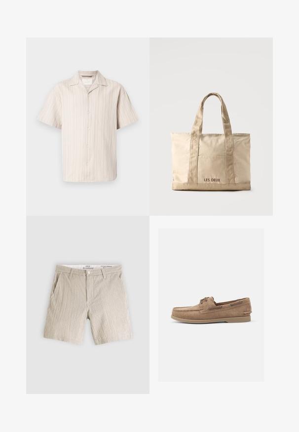 Kortærmet skjorte med knapper i lys beige med lodrette hvide striber. Har en klassisk krave og afslappet pasform, lavet af blødt materiale.; Beige ternede chino-shorts med knaplukning, to sidelommer og en afslappet pasform. Stoffet har en glat tekstur.; Suede loafers i tan farve med mokasin-design, der har metaløjer og gummisål. Ingen synlige mønstre eller aksenter.; Beige lærredstaske med to håndtag og en forlommer, "LES DEUX" broderet på lommen.