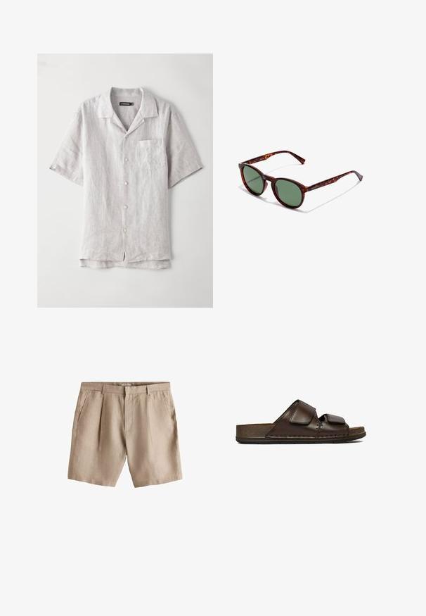 Kortærmet, lys grå linskjorte med spids krave, brystlomme og fire knapper ned langs midten. Glat tekstur, afslappet pasform.; Beige linnedshorts med bæltestropper, forreste læg, sidelommer og foran lynlås.; Mørkebrune lædersandaler med to justerbare velcro-remme og en tyk, tekstureret sål.; Brune skildpaddedesign solbriller med runde rammer, grønne linser og mønstrede tempelarme. Har brandlogo på en arm.