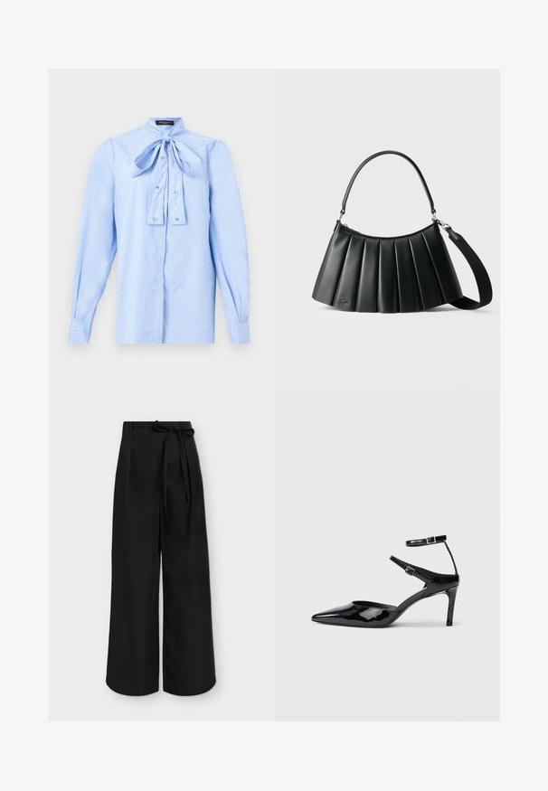 Blouse à manches longues bleu clair avec des rayures blanches, un nœud noué au col et de petits boutons décoratifs sur le devant.; Pantalon noir taille haute à jambes larges avec une ceinture en tissu nouée en nœud à la taille, présenté sur un fond uni.; Talons en cuir verni noir avec un bout pointu, des sangles de cheville ajustables et un talon fin. Texture lisse avec une finition brillante.; Sac à main en cuir noir plissé avec poignée supérieure et bandoulière amovible sur un fond clair uni.