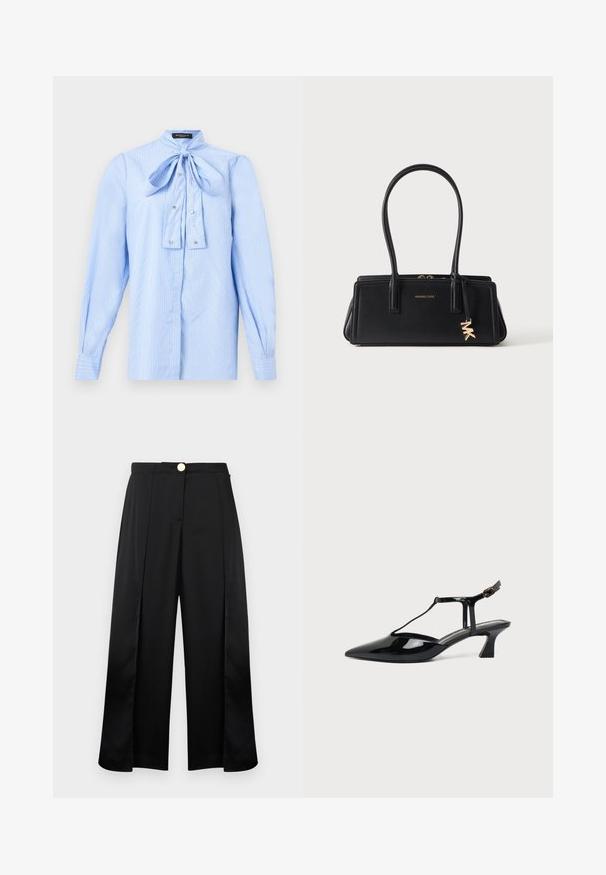 Blouse à manches longues bleu clair avec des rayures blanches, un nœud noué au col et de petits boutons décoratifs sur le devant.; Pantalon large noir à taille haute, avec plis sur le devant, fentes latérales et fermeture par bouton doré.; Chaussure slingback en cuir verni noir à bout pointu avec bride en T et petit talon bloc incliné sur fond blanc.; Sac à main rectangulaire en cuir noir avec double poignée, logo Michael Kors doré et breloque MK suspendue sur un fond clair uni.