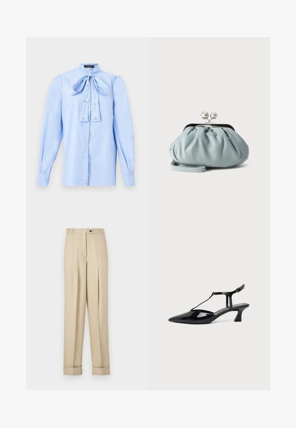 Blouse à manches longues bleu clair avec des rayures blanches, un nœud noué au col et de petits boutons décoratifs sur le devant.; Pantalon beige taille haute avec plis, passants pour ceinture, fermeture par bouton et zip, et ourlets retroussés sur un fond uni.; Chaussure slingback en cuir verni noir à bout pointu avec bride en T et petit talon bloc incliné sur fond blanc.; Petit porte-monnaie en cuir bleu clair avec fermoir métallique argenté de type kiss-lock et court bracelet de poignet sur fond uni.