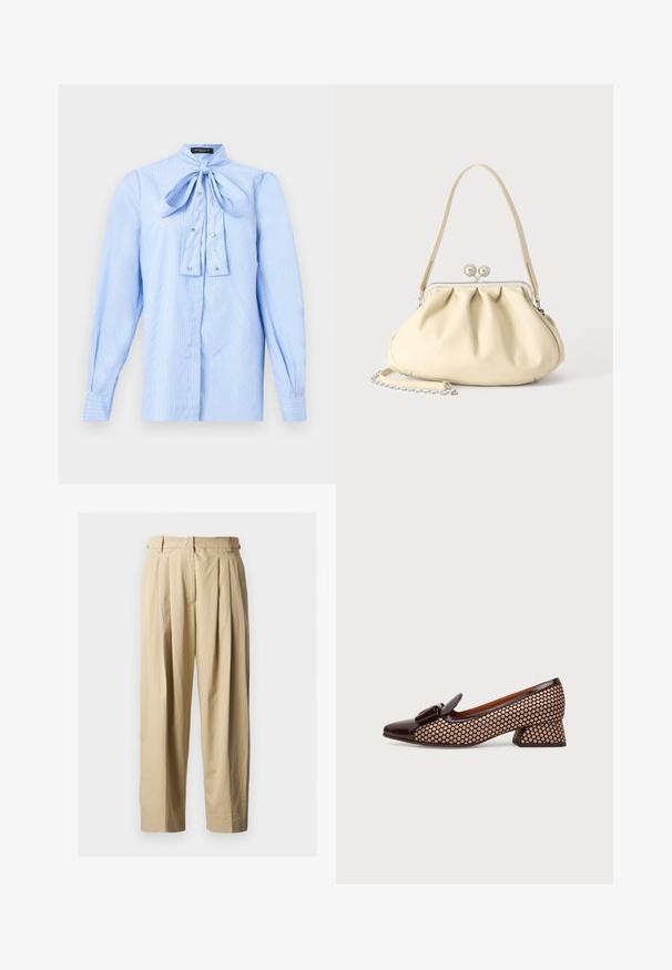 Blouse à manches longues bleu clair avec des rayures blanches, un nœud noué au col et de petits boutons décoratifs sur le devant.; Pantalon beige à taille haute plissé avec passants pour ceinture, fermeture éclair à l'avant et jambes larges et droites sur un fond uni.; Chaussure à talon bloc bas pour femme avec bout en cuir verni marron et nœud, tige et talon en tissu beige à pois marron foncé, vue de côté.; Sac à main en cuir souple couleur crème avec un design froncé, fermoir cadre argenté, poignée courte et bandoulière chaîne amovible.