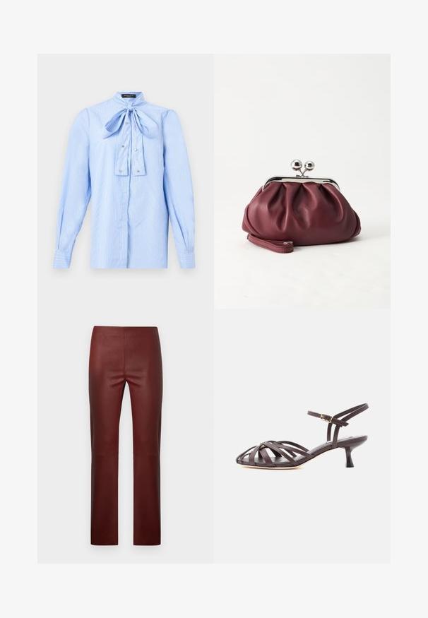 Blouse à manches longues bleu clair avec des rayures blanches, un nœud noué au col et de petits boutons décoratifs sur le devant.; Pantalon en similicuir bordeaux à coupe slim, présentant une texture lisse, une coupe droite et aucun élément métallique ou accent visible.; Sandale à talon kitten en cuir marron foncé avec lanières et bride de cheville réglable à boucle sur fond blanc.; Petit sac pochette en cuir bordeaux avec fermoir métallique argenté et bracelet sur fond blanc.