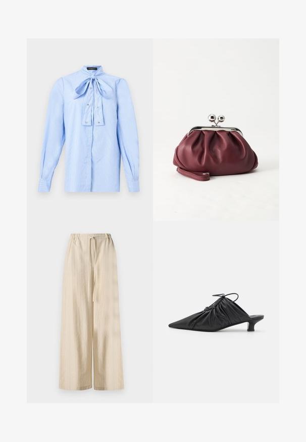Blouse à manches longues bleu clair avec des rayures blanches, un nœud noué au col et de petits boutons décoratifs sur le devant.; Pantalons large beige clair en tissu doux, ornés de rayures verticales et d'une taille élastique avec un détail de lien à nouer.; Mules noirs en cuir à enfiler avec un bout pointu, une texture froncée et un petit talon aiguille. Présente un détail à cordon au niveau de l'ouverture.; Petit sac pochette en cuir bordeaux avec fermoir métallique argenté et bracelet sur fond blanc.
