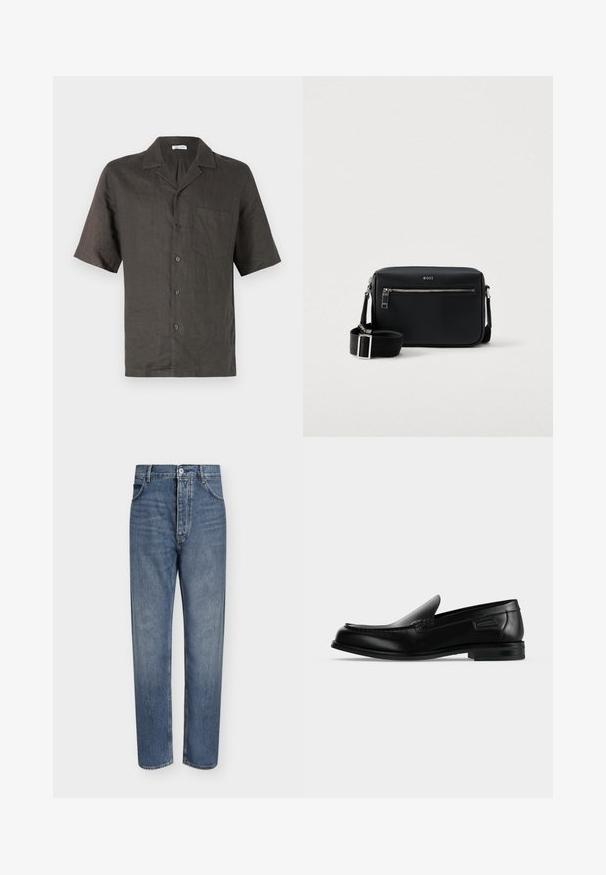Korte ærmer, skjorte med krave i mørkegrå linned, med en brystlomme og frontknaplukning. Glat tekstur, afslappet pasform.; Straight-leg blå denim jeans med høj talje, frontknaplukning og fem-lomme design på en ensartet lys baggrund.; Sort læder slip-on loafer med lav hæl, rundet tå og dekorative syninger langs øverste kant.; Sort rektangulær skuldertaske lavet af tekstureret materiale, med en lynlåslomme foran og justerbar rem med en rektangulær spænde.