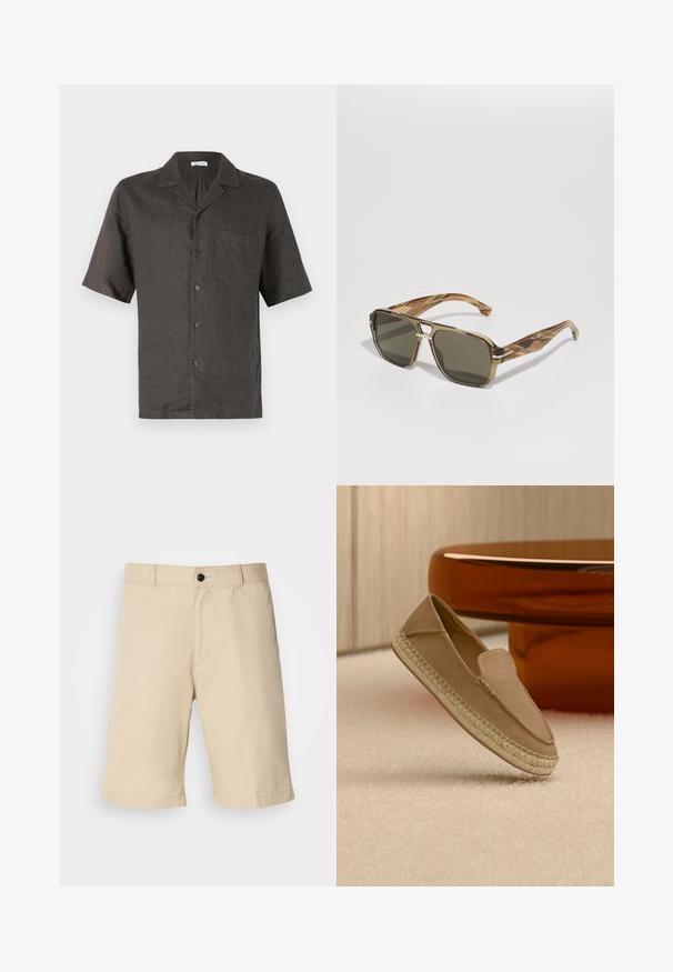 Camisa de manga corta, con cuello, en lino gris oscuro, que presenta un bolsillo en el pecho y cierre de botones al frente. Textura suave, corte relajado.; Pantalones cortos beige confeccionados con tejido ligero, con un diseño de frente plano, cintura estándar con cierre de botón y dobladillo recto.; Zapato beige sin cordones con parte superior texturizada y suela tejida, colocado en posición vertical sobre una alfombra clara junto a una mesa circular marrón brillante.; BOSS Gafas de sol - brown