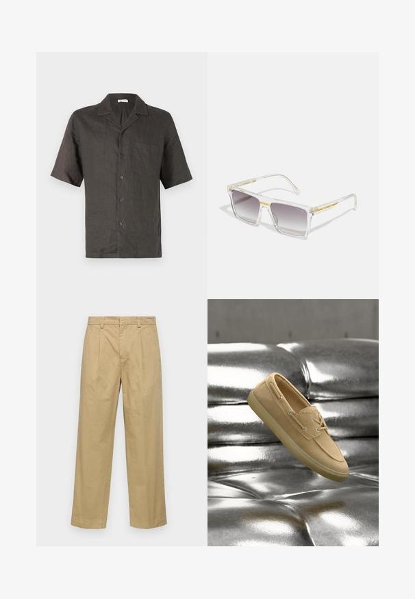 Camisa de manga corta, con cuello, en lino gris oscuro, que presenta un bolsillo en el pecho y cierre de botones al frente. Textura suave, corte relajado.; Pantalones de algodón beige con un diseño de pierna recta, que cuentan con pliegues frontales y bolsillos laterales. La tela tiene una textura suave y lisa.; Zapato náutico de ante beige con detalles de cordones, flotando sobre una superficie de cuero plateado metálico brillante y capitoné.; Gafas de sol rectangulares transparentes con lentes gris degradado, detalles dorados en el puente y varillas transparentes.
