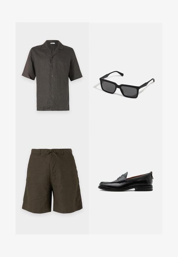 Korte mouw, geknoopte overhemd van donkergrijze linnen, met een borstzak en een knoopsluitingen aan de voorkant. De stof heeft een gladde textuur en een ontspannen pasvorm.; Khaki shorts van linnen, met een verstelbare tailleband, zijzakken en een comfortabele pasvorm met een gladde textuur.; Zwarte leren herensloffen met moc toe stiksel, pennyriem, gestructureerde kraag en lage gestapelde hak op witte achtergrond.; Zwarte zonnebril met rechthoekige lenzen, matte afwerking, dikke montuur en slanke veren met subtiele merkaanduiding.