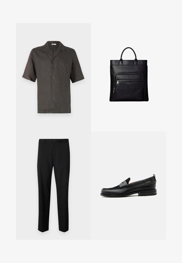 Camisa de manga corta, con cuello, en lino gris oscuro, que presenta un bolsillo en el pecho y cierre de botones al frente. Textura suave, corte relajado.; Pantalones de traje negros con frente plano, cintura estándar y piernas rectas. Hechos de una tela suave, con un cierre de botón único.; Mocasín de cuero negro con detalle de tira gris, tacón bajo y suela texturizada, con la marca "HUGO" en oro en el lateral.; Bolso tote de cuero negro con asas superiores y bolsillo frontal con cremallera que muestra un pequeño logo de Calvin Klein en el bolsillo.