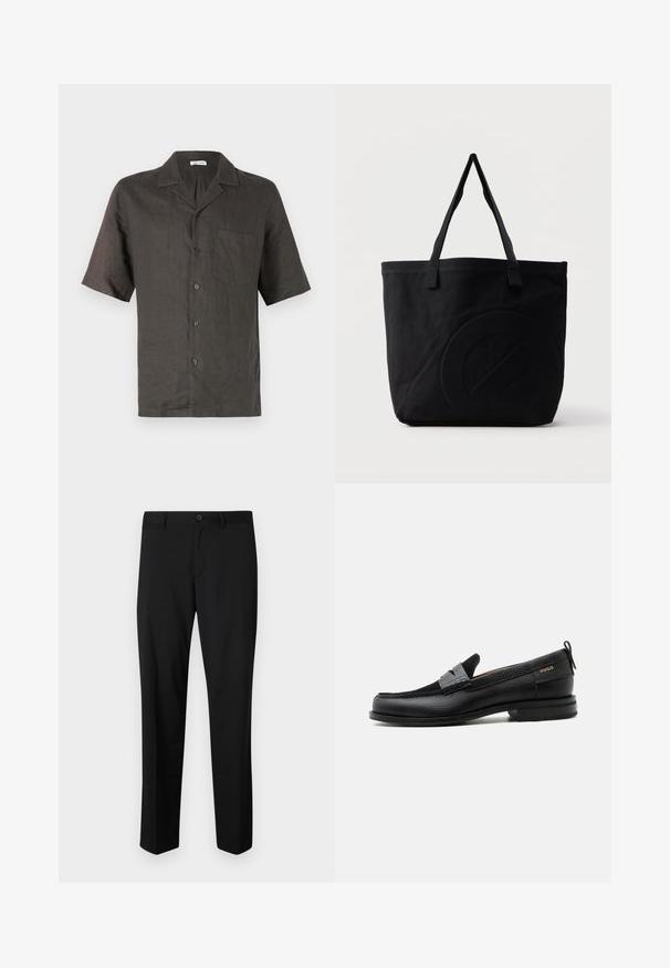 Camisa de manga corta, con cuello, en lino gris oscuro, que presenta un bolsillo en el pecho y cierre de botones al frente. Textura suave, corte relajado.; Pantalones de traje negros con frente plano, cintura estándar y piernas rectas. Hechos de una tela suave, con un cierre de botón único.; Mocasín de cuero negro con detalle de tira gris, tacón bajo y suela texturizada, con la marca "HUGO" en oro en el lateral.; Bolsa tote de lona negra con dos correas para el hombro y un diseño circular en relieve sutil en el frente.