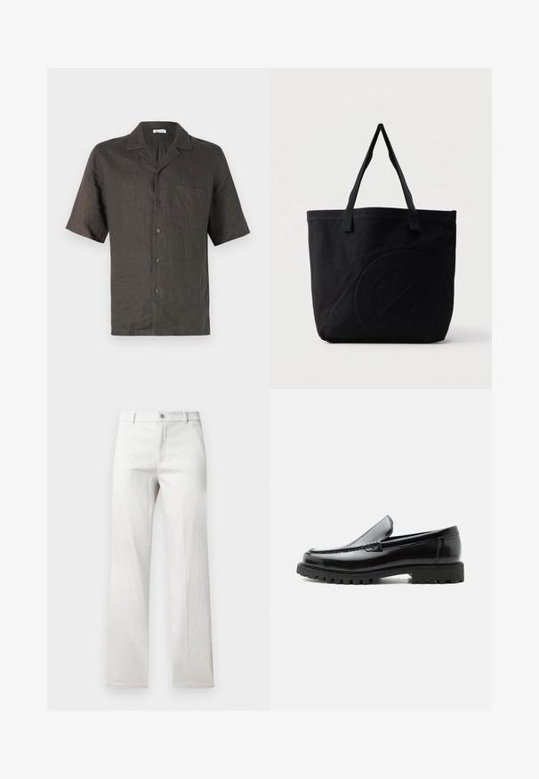 Camisa de manga corta, con cuello, en lino gris oscuro, que presenta un bolsillo en el pecho y cierre de botones al frente. Textura suave, corte relajado.; Pantalones grises claros con un diseño de pierna recta, fabricados en una tela suave, con cierre frontal de botón y bolsillos laterales.; Mocasín de cuero negro con suela de goma gruesa, empeine cosido y nombre de la marca en relieve en el talón, mostrado en perfil lateral sobre fondo blanco.; Bolsa tote de lona negra con dos correas para el hombro y un diseño circular en relieve sutil en el frente.