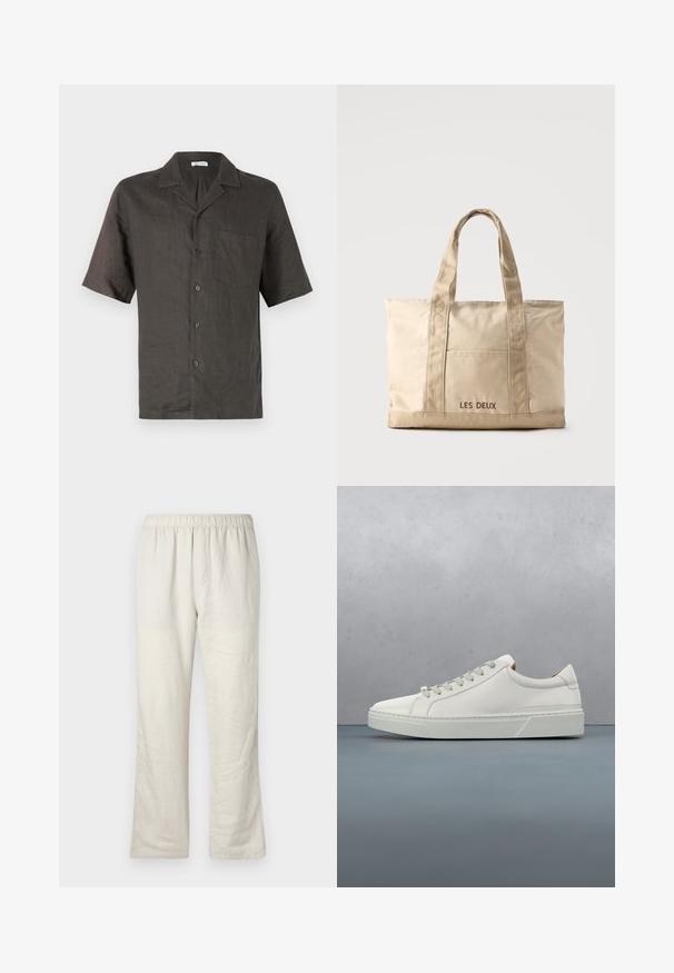 Kurzärmliges, collared Hemd aus dunkelgrauem Leinen mit einer Brusttasche und vorderem Knopfverschluss. Glatte Textur, lockerer Schnitt.; Beige leichte Leinenhose mit elastischem Bund, geradem Schnitt und ohne sichtbare Taschen oder Verschlüsse.; Weißes Leder-Sneaker mit abgerundetem Zehenbereich, minimalistisches Design, graue Schnürsenkel und einer strukturierten grauen Gummisohle. Dezente Nähte sichtbar.; Beige Leinwand-Tragetasche mit zwei Griffen und Vordertasche, "LES DEUX" auf der Tasche bestickt.