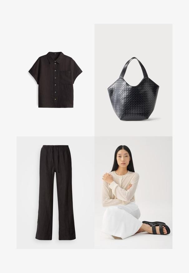 Zwarte linnen korte mouwen overhemd met een button-down voorkant, voorzien van een enkele borstzak en contrasterende knoopkleuren.; Zwarte, loszittende broeken met een elastische tailleband en trekkoord. Gemaakt van een lichte stof met een gladde textuur en recht gesneden pijpen.; Lichtbeige lange mouw blouse met knoopjes, gecombineerd met een witte rok; model draagt zwarte sandaaltjes met bandjes en zit met gekruiste armen.; Zwarte leren handtas met een geweven patroon, een breed open bovenkant en twee schouderriemen, getoond tegen een effen lichte achtergrond.