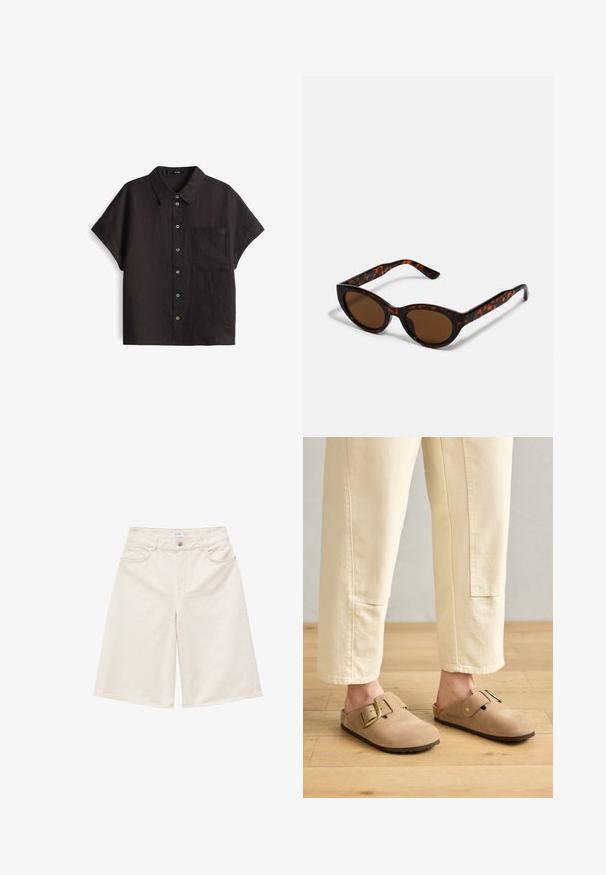 Chemise noire en lin à manches courtes avec un devant à boutons, comportant une poche poitrine unique et des couleurs de boutons contrastantes.; Short en jean crème taille haute, longueur genoux, avec bouton sur le devant, fermeture éclair, passants de ceinture et cinq poches, présenté sur fond blanc.; Sabots en cuir suédé beige avec une large sangle et une boucle en or, surface texturée et semelle en caoutchouc marron ; portés avec un pantalon ivoire ample et fuselé.; Lunettes de soleil en écaille de tortue marron avec une forme vintage de lunettes cat-eye et des verres marron. Présente des branches courbées avec des accents rouges.