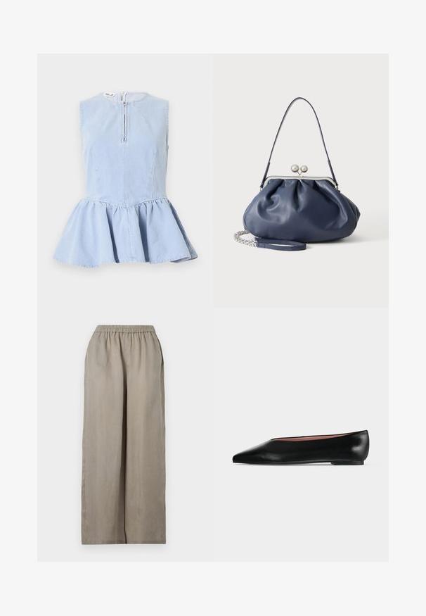 Haut en denim bleu clair sans manches avec un col rond, une fermeture éclair devant, un corsage cintré et un bas évasé à volant peplum.; Pantalon large marron clair avec taille élastique et poches latérales, présenté sur un fond uni.; Chaussure plate en cuir noir pour femme, avec bout pointu et petit talon, vue de côté sur un fond gris clair uni.; Sac à main en cuir bleu marine doux avec fermeture à boucle argentée, une seule bandoulière, et une chaîne de poignet amovible sur fond blanc.
