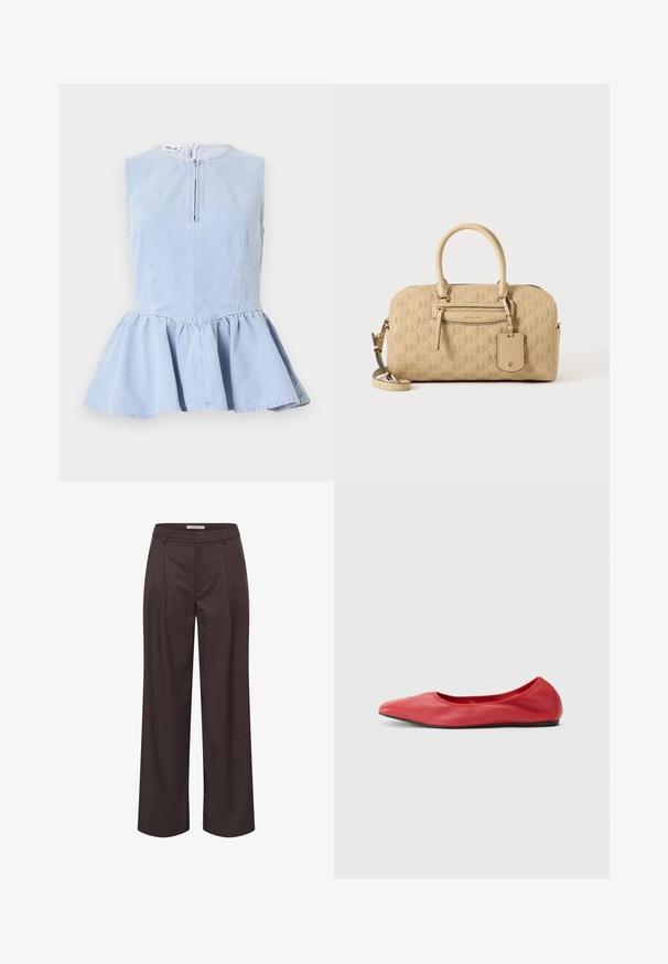 Haut en denim bleu clair sans manches avec un col rond, une fermeture éclair devant, un corsage cintré et un bas évasé à volant peplum.; Pantalon marron foncé à jambes larges, passants de ceinture, plis devant et taille droite.; Filippa K REY FLATS - Ballerines - bright red; Sac à main beige Michael Kors avec motif MK embossé, doubles poignées, poche avant zippée et bandoulière amovible sur fond blanc.