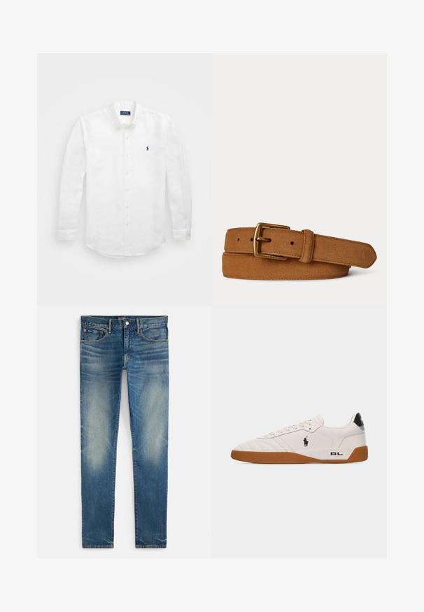 Witte lange mouwen shirt van katoen met een button-down kraag, voorzien van een klein marineblauw logo op de linkerborst en klassieke knoopsluiting.; Blauwe vervaagde slim-fit jeans met knoop- en ritssluiting, voorzakken en klein muntzakje, plat gelegd op een witte achtergrond.; Witte lage sneaker met een bruine rubberen zool, zwart Polo Ralph Lauren-logo aan de zijkant en de tekst "RL" op het hielgedeelte.; Bruine suède leren riem met goudkleurige metalen gesp, gestikte randen en een ingebosst logo op het uiteinde tegen een effen achtergrond.