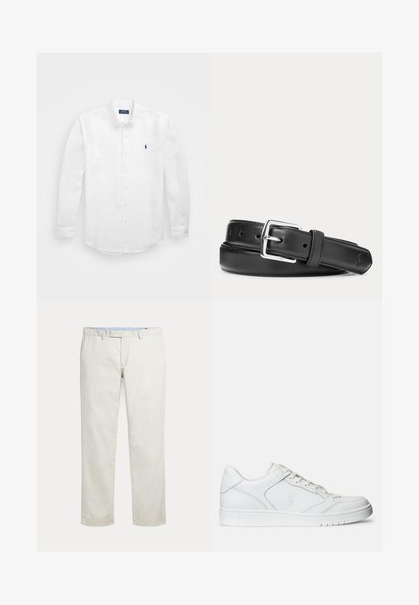 Witte lange mouwen shirt van katoen met een button-down kraag, voorzien van een klein marineblauw logo op de linkerborst en klassieke knoopsluiting.; Rechte broeken in roomkleur met riemlussen en een verborgen voorsluiting op een effen achtergrond.; Witte leren sneaker met een gladde textuur, voorzien van een geperforeerde neus, vetersluiting en geborduurde logo aan de zijkant. Witte rubberen zool.; Zwarte leren riem met zilverkleurige rechthoekige gesp, opgerold op een witte achtergrond, met een subtiel geperst logo aan de punt.