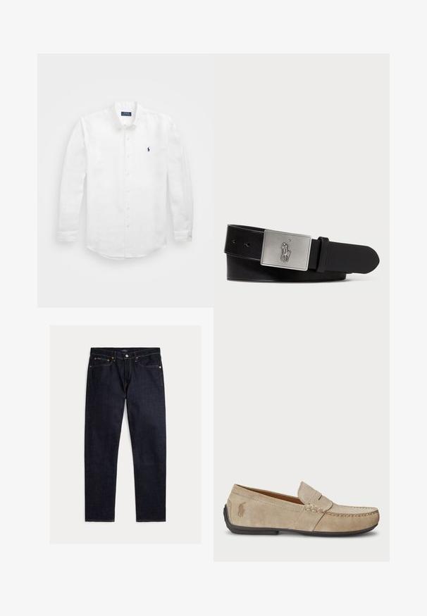 Hvid langærmet skjorte lavet af bomuld med en knap-ned krave, der har et lille marineblåt logo på venstre bryst og klassisk knaplukning.; Mørk indigoblå jeans med lige ben, fem lommer, knap- og lynlås lukning samt kontrastfulde orange syninger på en ensfarvet baggrund.; Beige ruskindsloafers med syninger, flad gummisål og et lille logo på siden. Klassisk slip-on design, blød tekstur.; Sort læderbælte med en rektangulær sølvmetalspænde med et præget hestebuddy-logo, glat tekstur og fem hul til spænde.