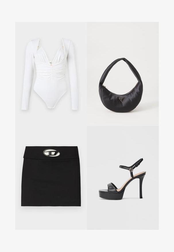 Langærmet hvid bodystocking med rynket front, dyb V-udskæring og diskrete gyldne udsmykninger på skuldrene. Glat, strækbart stof.; Sort miniskirt med en flad talje. Har en fremtrædende metallisk logo-buckle foran. Lavet af glat stof uden synlige mønstre.; Sorte platformsandaler med høj stiletthæl, der har en glat læderoverdel, peep toe-design og en justerbar ankelrem med metalbeslag.; Sort satin håndtaske med en buet form, der har en lynlåslukning og et trekantet logo i metal på forsiden. Glat tekstur og slankt design.