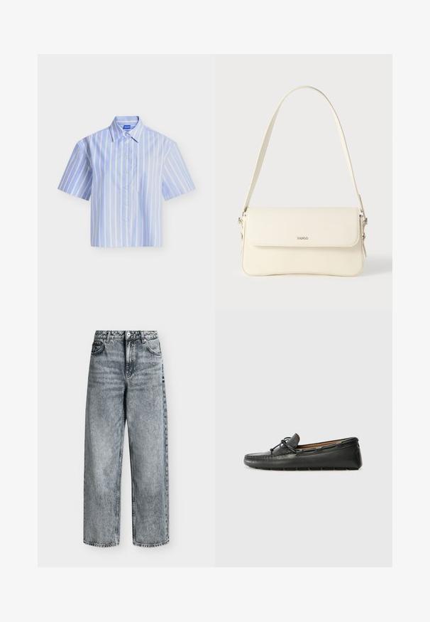 Chemise bleu clair à manches courtes avec rayures verticales blanches et poche poitrine, présentée à plat sur fond blanc.; Jean taille haute à jambes droites en denim gris délavé avec poches avant, passants de ceinture et fermeture par bouton.; Bateau en cuir noir avec un bout arrondi, des détails de couture, un petit accent en nœud et une semelle en caoutchouc. Texture lisse et design épuré.; Sac à bandoulière en cuir couleur crème avec fermeture à rabat, quincaillerie argentée, une bandoulière réglable et un logo discret.