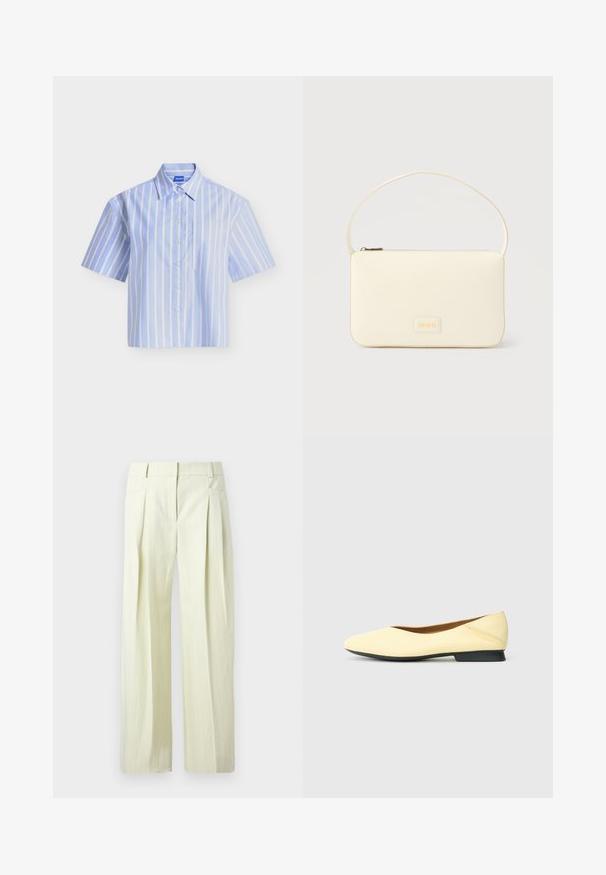 Chemise bleu clair à manches courtes avec rayures verticales blanches et poche poitrine, présentée à plat sur fond blanc.; Pantalon ample couleur crème avec fines rayures verticales, plis à l'avant, poches latérales, et passants pour ceinture.; Chaussure plate jaune avec une finition en cuir lisse, bout pointu et petit talon noir. Design minimaliste avec des détails de coutures discrètes.; Sac à main rectangulaire de couleur crème avec une seule sangle et une fermeture éclair sur le dessus, comportant une petite plaque de logo embossé à l'avant.