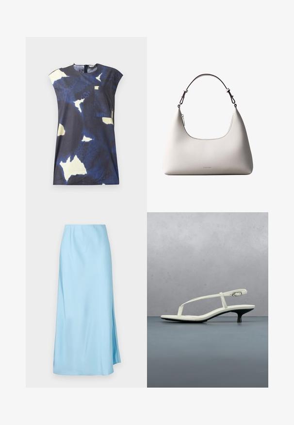 Top azul marino con patrones abstractos en amarillo claro y blanco. Presenta un cuello redondeado y un pequeño bolsillo en el frente.; Falda midi azul claro con una textura suave, que cuenta con una ligera abertura lateral y una pretina elástica para mayor comodidad y facilidad de uso.; Sandalia blanca de tacón kitten con tiras y punta afilada, flotando sobre un suelo de baldosas de madera al aire libre, con un fondo desenfocado de plantas y pared.; Bolso de hombro de cuero color crema de Calvin Klein con borde superior curvado, cremallera plateada y correa ajustable marrón oscuro.