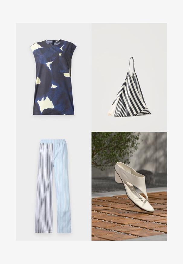Top azul marino con patrones abstractos en amarillo claro y blanco. Presenta un cuello redondeado y un pequeño bolsillo en el frente.; Pantalones ligeros a rayas con cintura elástica; presentan rayas alternas en azul claro y blanco con delgados acentos grises.; Sandalia de tacón de cuero blanco con una tira ancha y separador de dedos, mostrada al aire libre sobre una superficie de madera y baldosas de grava con vegetación al fondo.; Bolsa triangular de tela a rayas blancas y negras con una sola correa para el hombro, colocada verticalmente sobre un fondo claro y simple.