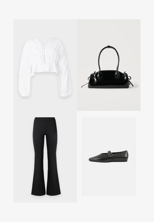 Weißes cropped Blusenshirt mit V-Ausschnitt, langen puffärmeln und gerafften Details an der Taille. Mit einer Bindung vorne.; Schwarze ausgestellte Hosen aus einem glatten, dehnbaren Stoff. Mit einem hohen Bund und ausgestellten Säumen für eine figurschmeichelnde Passform. Einfaches Design.; Schwarze Lederflachschuhe mit spitzem Zehenbereich, ausgestattet mit einem metallischen Riemen über dem Spann und einer niedrigen, flexiblen Sohle.; Kleine schwarze glänzende Handtasche mit zwei langen Griffen und seitlichen Kordelzug-Details vor einfachem hellem Hintergrund.