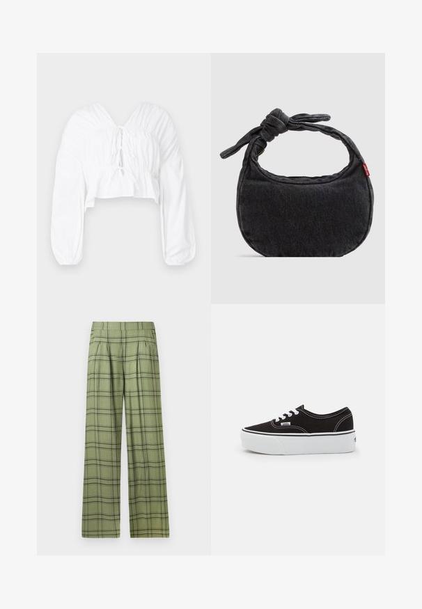 Weißes cropped Blusenshirt mit V-Ausschnitt, langen puffärmeln und gerafften Details an der Taille. Mit einer Bindung vorne.; Grüne weit geschnittene Hose mit schwarzem Karomuster und hohem Bund, vorderen Falten und Seitentaschen.; Schwarze Leinensneaker mit einer weißen Gummiplattformsohle, weißen Schnürsenkeln und Nähten, ikonischer Markenaufdruck an der Seite, im Low-Top-Design.; Kleine schwarze Jeans-Umhängetasche mit geknotetem Riemen und Reißverschluss, mit einem roten Levi's Stoffetikett an der Seite.