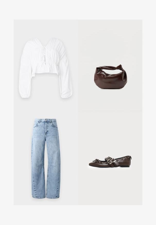 Biely skrátený top s výstrihom do V, dlhými puff rukávmi a zhrňovaním v oblasti pásu. Má viazanie na prednej strane.; Svetlomodré džínsy s širokými nohavicami vyrobené z denimu, s vysokým pásom, piatimi vreckami a jemným omedzením. Nohavice majú viditeľné švy a švy.; Tmavohnedá kožená balerína s špicatou špičkou, dvojitými striebornými prackami, kovovými okami a ozdobnou mašľou vpredu.; Tmavohnedá kožená kabelka cez rameno s mäkkým, voľným tvarom a držadlom v podobe skrúteného uzla na jednoduchom bielom pozadí.