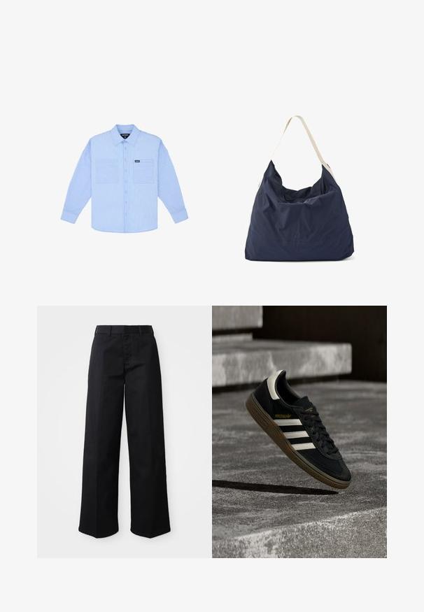 Chemise bleu clair à boutons avec des rayures blanches verticales, deux poches avant et un col classique. Fabriquée en tissu tissé avec une texture douce.; Pantalons larges noirs en tissu de coton doux. Dotés d'une taille classique, de poches latérales et d'une coupe droite jusqu'à l'ourlet.; Baskets Adidas noires avec des bandes blanches et une semelle en gomme flottant au-dessus d'escaliers en béton gris sous une lumière naturelle.; Sac fourre-tout en tissu bleu marine avec des anses crème, texture douce, design souple et logo embossé. Intérieur spacieux avec un style décontracté.