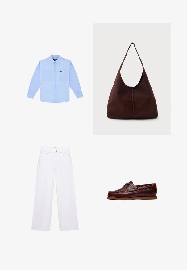 Lysblå skjorte med knapåbning, der har lodrette hvide striber, to frontlommer og en klassisk krave. Fremstillet af vævet stof med en blød tekstur.; Hvide jeans med høj talje og vide ben med knap- og lynlåslukning, for- og baglommer samt sølvfarvede nitter som detaljer.; Brun læder bådsko med snørre, syningsdetaljer og Timberland-logo på siden, vist på en hvid baggrund.; Brun suedette hobo taske med en stor, buet åbning og en bred skulderrem. Har en centreret søm på forsiden. Glat tekstur.