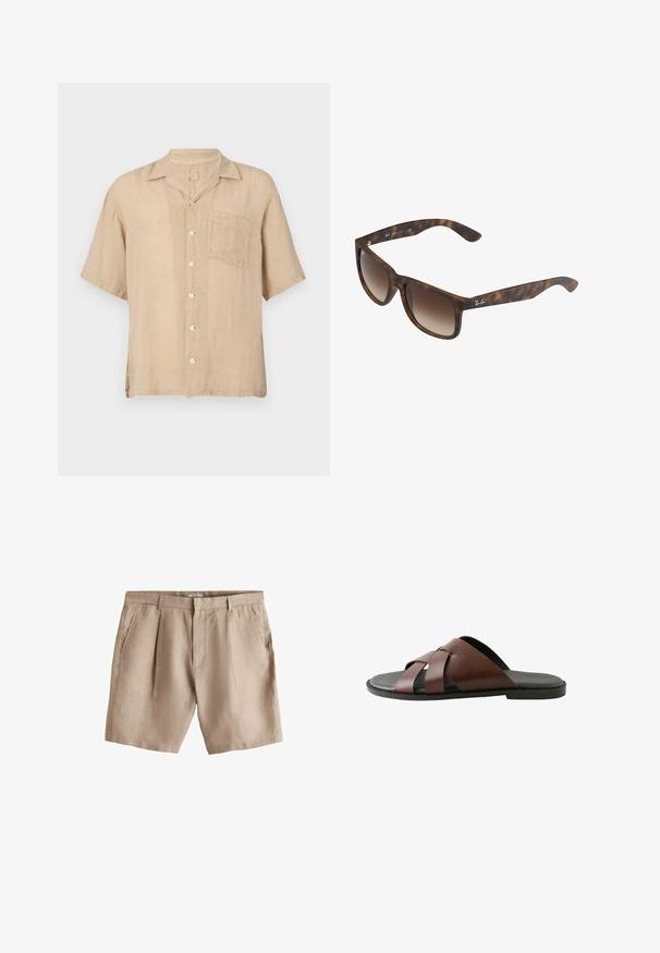 Kortærmet beige linnedskjorte med en notch-krave, forlommer og hvide knapper. Struktureret stof, afslappet pasform og lige kant.; Beige linnedshorts med bæltestropper, forreste læg, sidelommer og foran lynlås.; Herrebrun lædersandal med krydsede remme og sort sål, vist i profil mod hvid baggrund.; Skildpadde-solbriller med brune gradientlinser, rektangulær form, tykke stel og en sølvlogoaccent på siden.