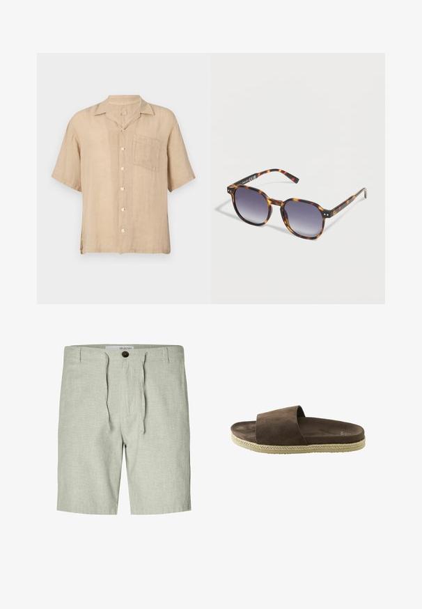 Kortærmet beige linnedskjorte med en notch-krave, forlommer og hvide knapper. Struktureret stof, afslappet pasform og lige kant.; Selected SLHCOMFORT BRODY - Shorts - vetiver; Brun ruskindssandal med bred rem, polstret fodseng og beige sål med vævet jutekant, designet til afslappet brug.; Rektangulære skildpaddebrune solbriller med mørke gradientlinser, hvilende på en hvid overflade, vinklet for at vise venstre side af stellet.